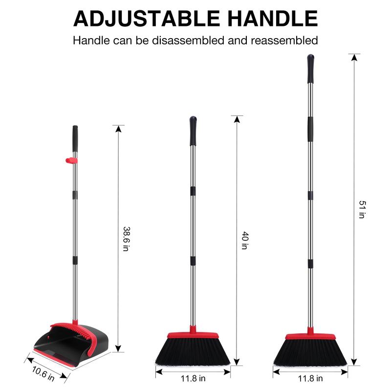 Broom and Dustpan Set, 52-in Long Adjustable Handle Broom Dustpan Combo with Dustpan Teeth to Automatically Clean Hair Suitable