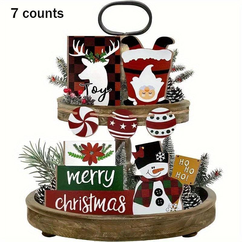 Christmas Themed Tiered Tray Decor, 7 Counts set Wooden Crafts Decoration for Home, Table Centerpieces, Festive Gifts