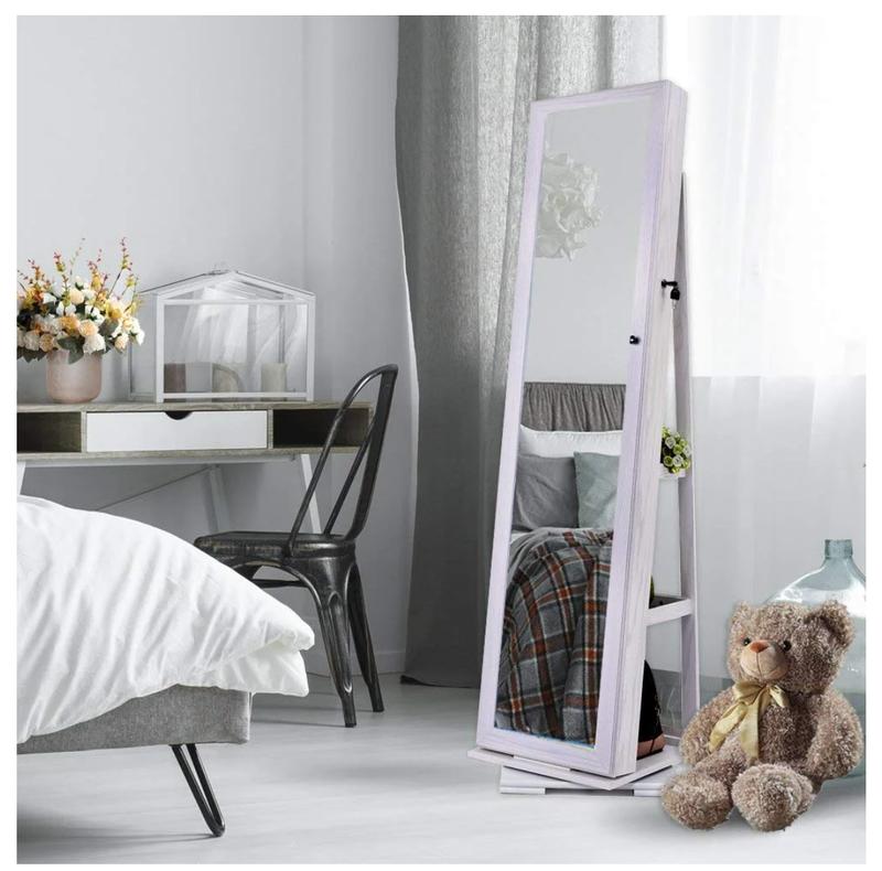 360 Degree Rotatable Jewelry Armoire with Free-Standing Mirror, White