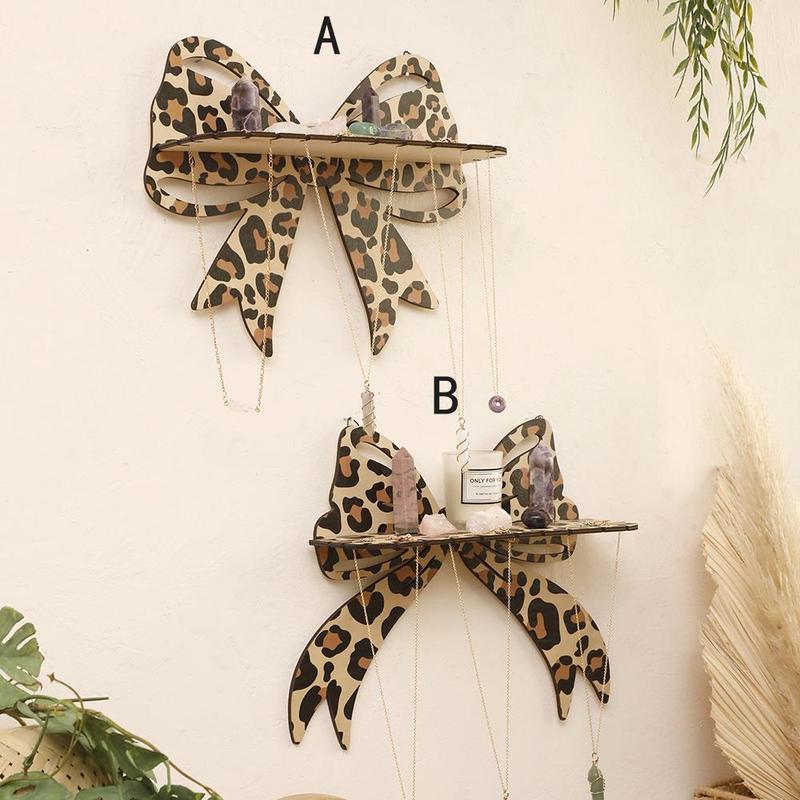 Wooden Bow Design Wall Hanging Jewelry Holder, 1 Count Leopard Print Wall Mounted Jewelry Display Rack, Home Decor for Bedroom, Living Room, Vanity