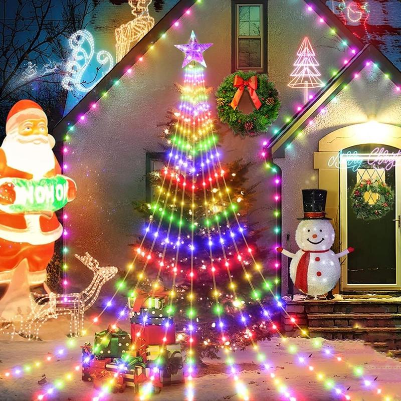 200 LEDs Five-pointed Star Christmas Lights, 200cm 78.74in USB Powered 8 Modes Waterfall Light, Indoor & Outdoor Colorful Light for Game Room, Bedroom, Christmas, Xmas Tree, Garden