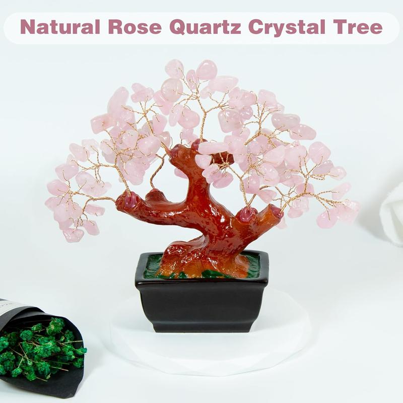 Feng Shui Natural Rose Pink Quartz Crystal Money Tree Bonsai Style Decoration for Wealth and Luck