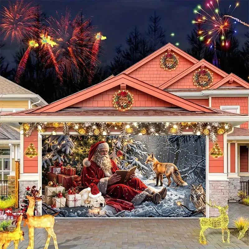 Christmas Themed Garage Door Cover, 1 Count Santa Claus Pattern Garage Door Banner, Festive & Party Supplies for Home & Warehouse