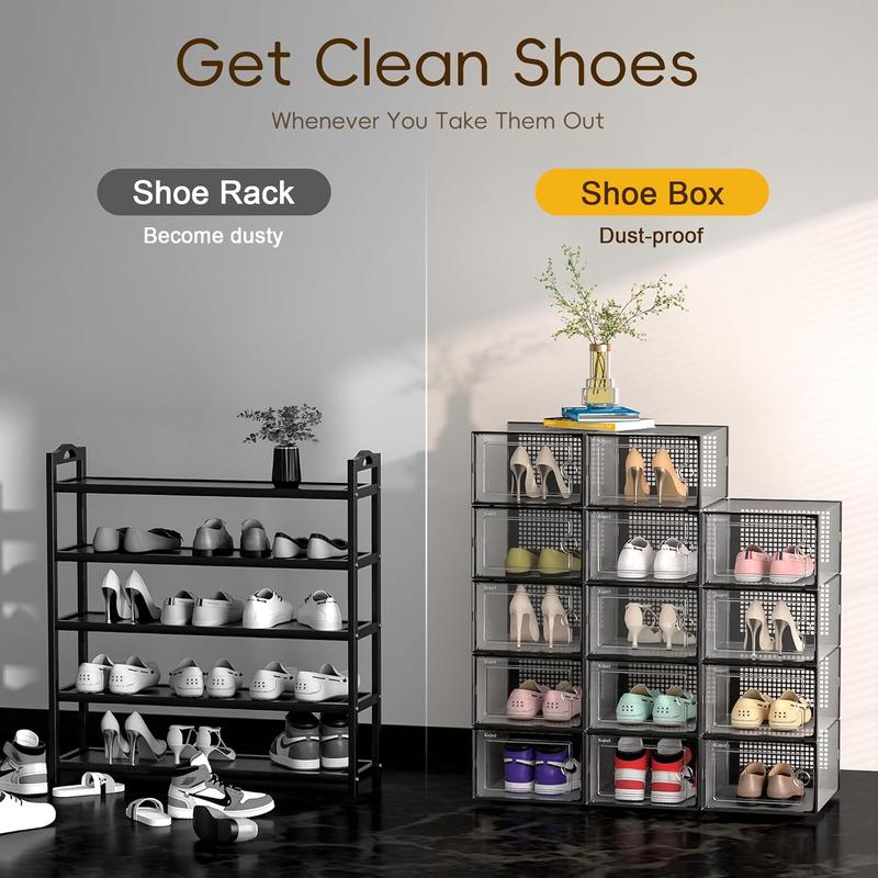 Shoe Organizers Storage Boxes for Closet, 12 Pack Clear Plastic Stackable Storage Bins with Lids, Under Bed Shoe Containers for Entryway, Drop Front, for Kids Transparent foldable shoe