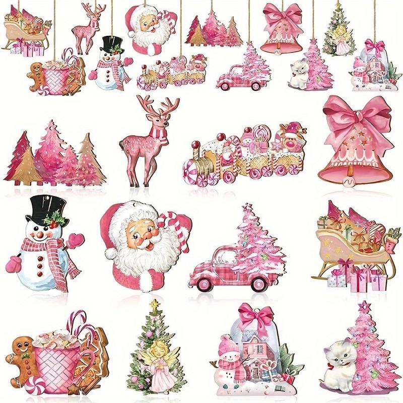 Wooden Christmas Hanging Ornament Set, 12pcs set Cute Cartoon Pattern Hanging Decor with Rope, Christmas Decorations, Christmas Gift