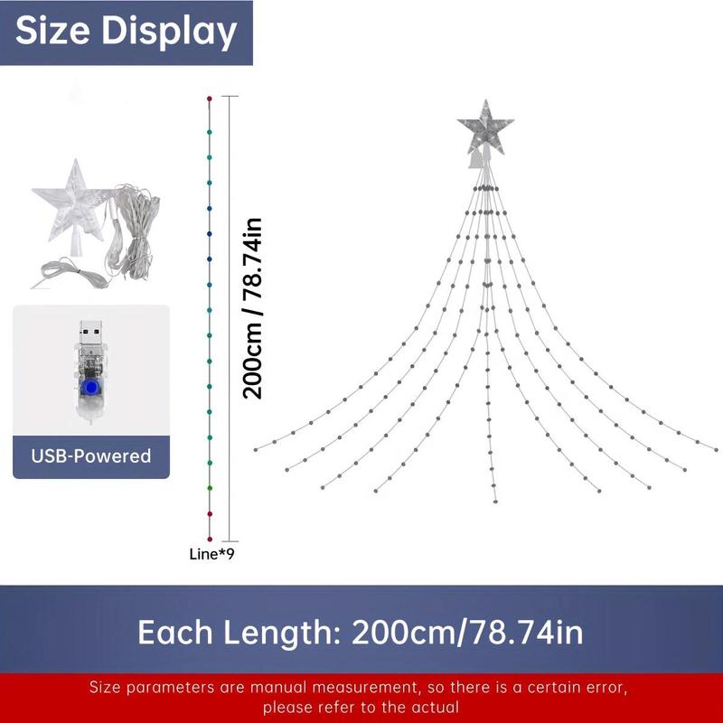 200 LEDs Five-pointed Star Christmas Lights, 200cm 78.74in USB Powered 8 Modes Waterfall Light, Indoor & Outdoor Colorful Light for Game Room, Bedroom, Christmas, Xmas Tree, Garden