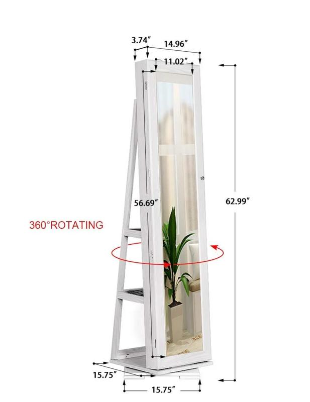 360 Degree Rotatable Jewelry Armoire with Free-Standing Mirror, White