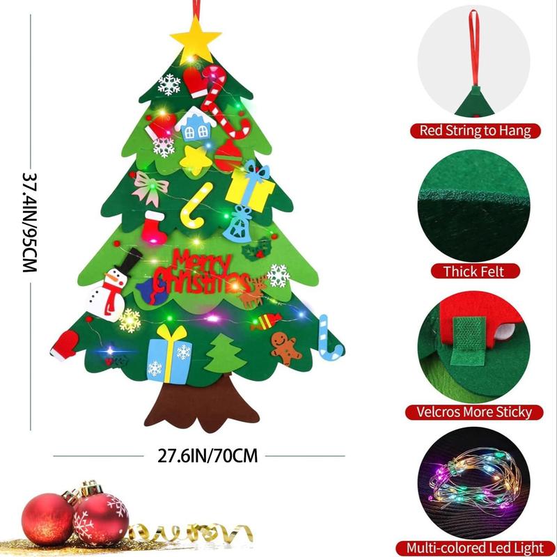 Felt Christmas Tree with Detachable Ornaments, 26 32pcs Christmas Tree & Battery Powered Light String without Battery, DIY Handicrafts Festival Wall Decoration