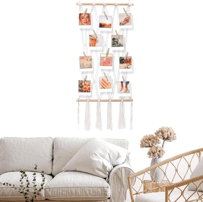 Hanging Photo Display Macrame Wall Boho Decor with Clips - Sculptural Picture Frames Collage Card Holder for Bedroom - 20 Clips - 1 Non-Trace Hook - No Holes Drilling - 33 x 15 inch