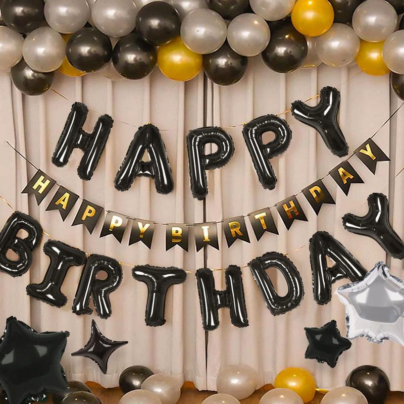 Happy Birthday Banner 13pcs 16 Inch Foil Letters with 12pcs Star Balloons Birthday Party Decorations for Adults - 3D Black