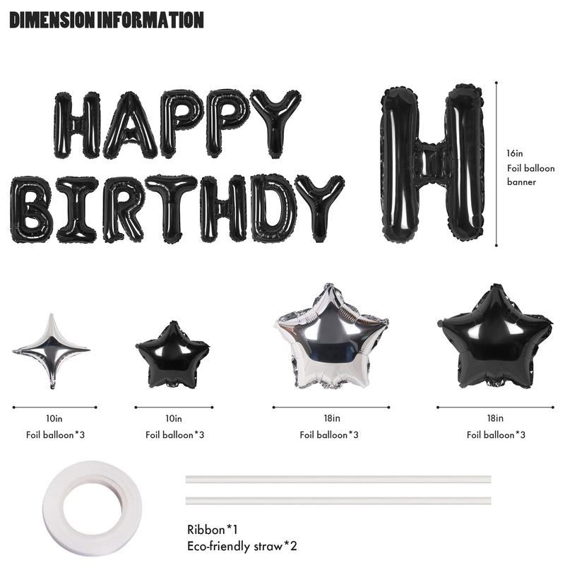 Happy Birthday Banner 13pcs 16 Inch Foil Letters with 12pcs Star Balloons Birthday Party Decorations for Adults - 3D Black