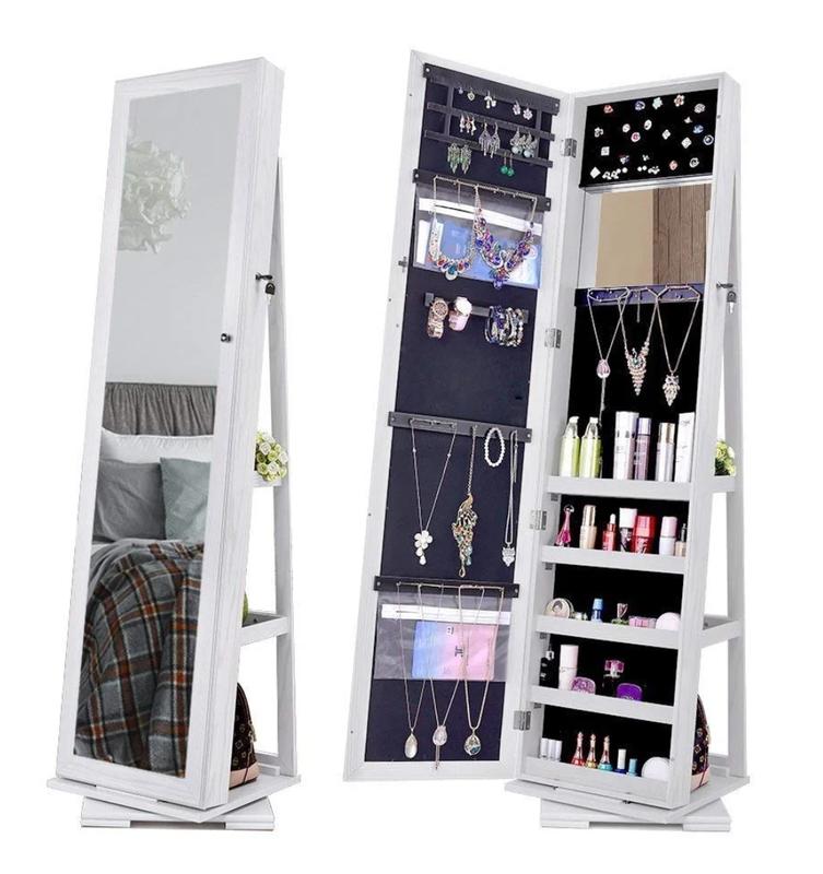 360 Degree Rotatable Jewelry Armoire with Free-Standing Mirror, White