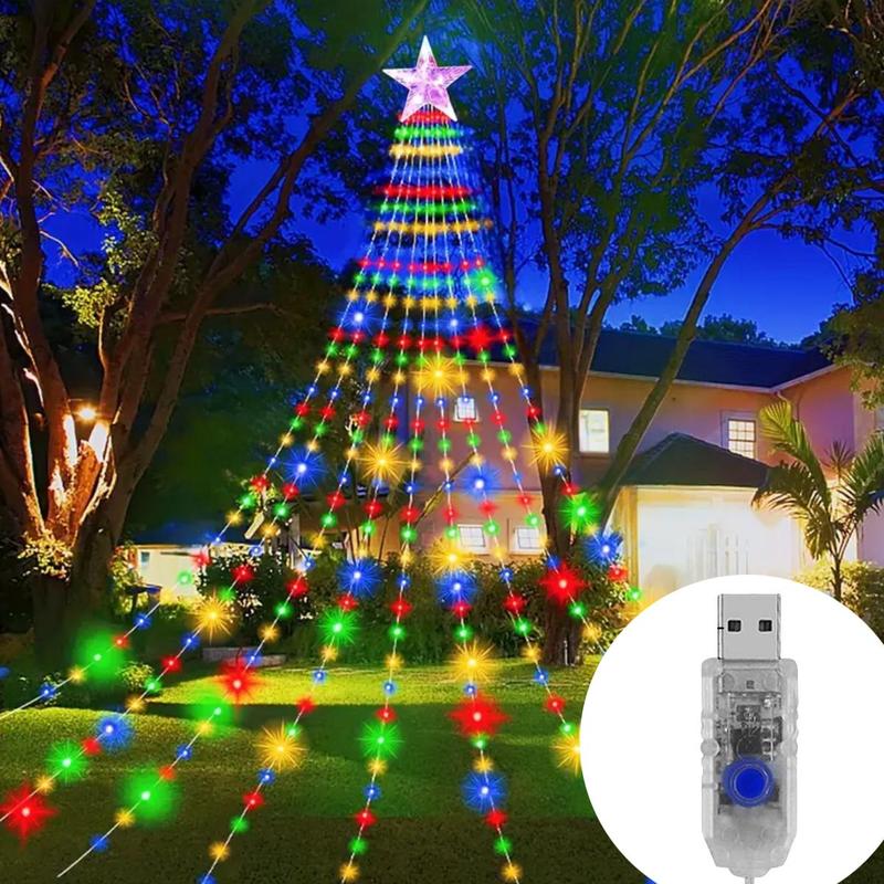 200 LEDs Five-pointed Star Christmas Lights, 200cm 78.74in USB Powered 8 Modes Waterfall Light, Indoor & Outdoor Colorful Light for Game Room, Bedroom, Christmas, Xmas Tree, Garden