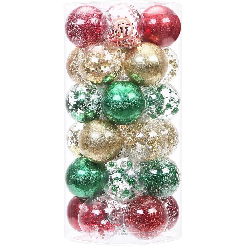 Shatterproof Clear Plastic Christmas Tree Ball Ornaments Set, Decorative Hanging Transparent Xmas Baubles with Stuffed Delicate Decorations (30 Counts, Gold, Red, Green)