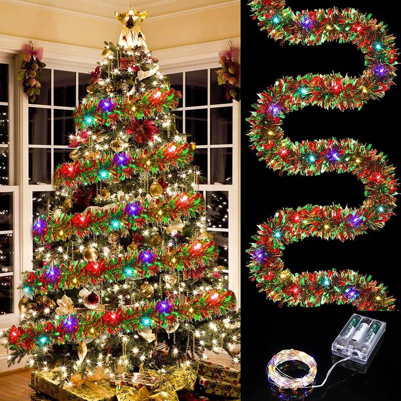 Christmas Tinsel Garland Night Light, Battery Powered Colorful Tree Garland without Battery, Indoor & Outdoor Decoration Supplies for Party Festival