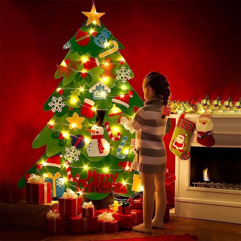 Felt Christmas Tree with Detachable Ornaments, 26 32pcs Christmas Tree & Battery Powered Light String without Battery, DIY Handicrafts Festival Wall Decoration