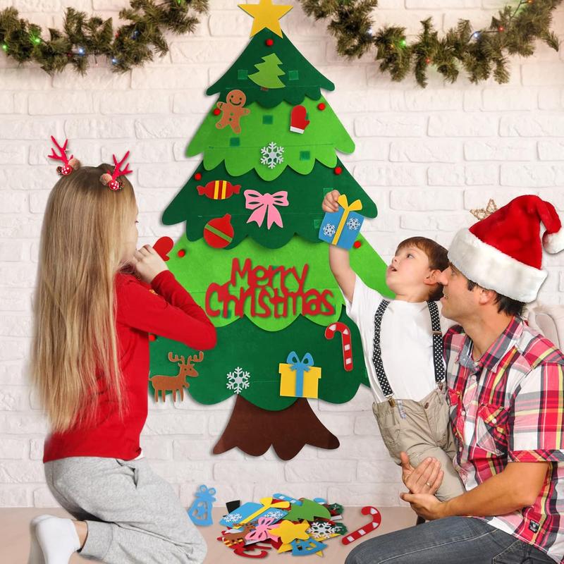 Felt Christmas Tree with Detachable Ornaments, 26 32pcs Christmas Tree & Battery Powered Light String without Battery, DIY Handicrafts Festival Wall Decoration