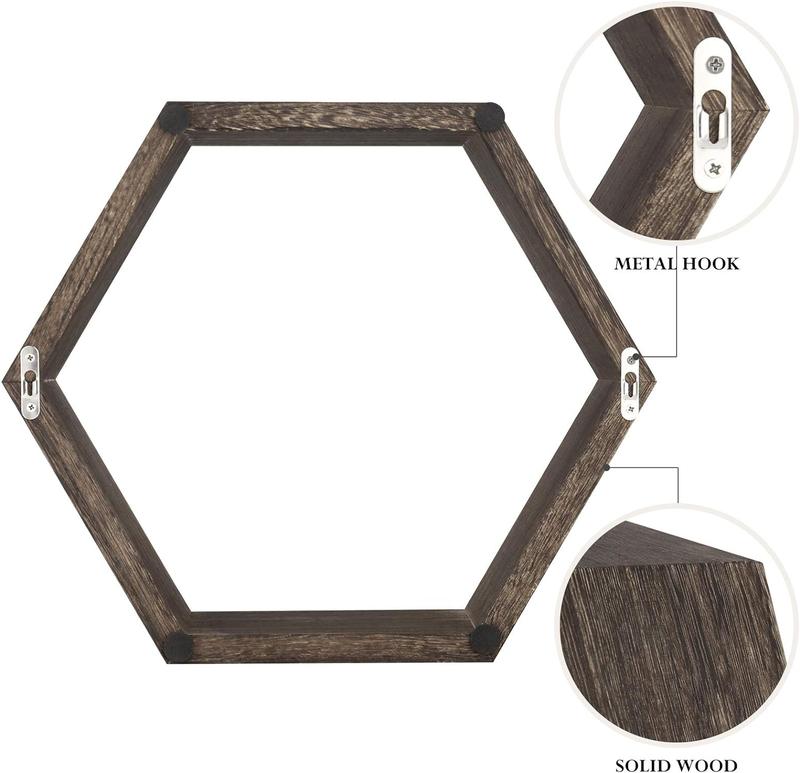 Hexagonal Shelf 3 Packs Wall Mounted Shelves Wooden Display Shelf for Wall Installation Bathroom Kitchen Bedroom Living Room Office Decor , Brown