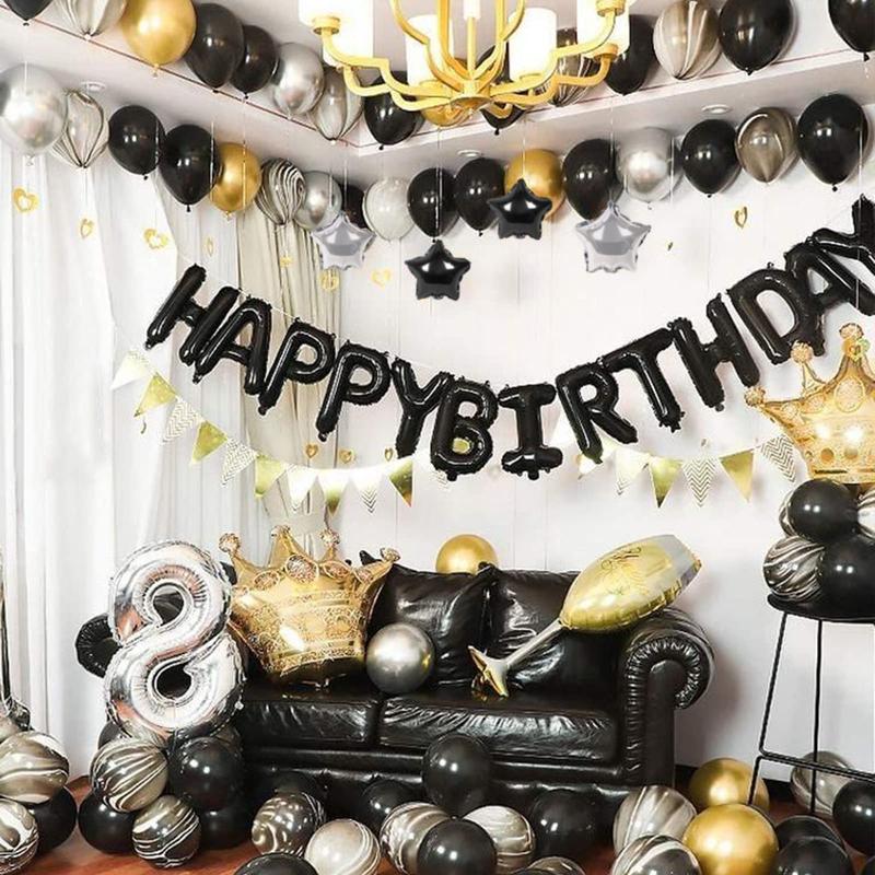 Happy Birthday Banner 13pcs 16 Inch Foil Letters with 12pcs Star Balloons Birthday Party Decorations for Adults - 3D Black