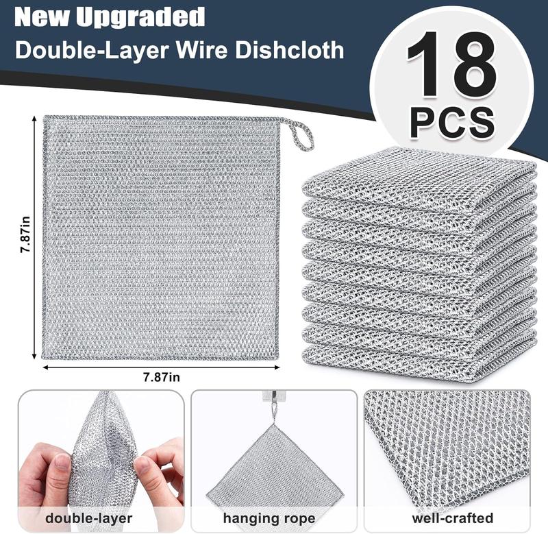 18 Pcs New Upgrade Steel Wire Dishcloth,Double-Layer Powerful Cleaning Non-Scratch Wire Dishcloth Rag for Cookware, Sinks, Dishes, Stove Tops Kitchen Cotton Set Comfortable