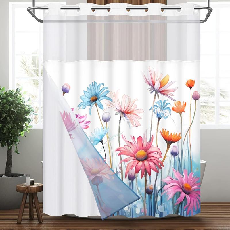 No Hook Shower Curtain with Snap in Liner, Floral Shower Curtain, See Through Shower Curtain with Window, Double Layer, Waterproof, Washable