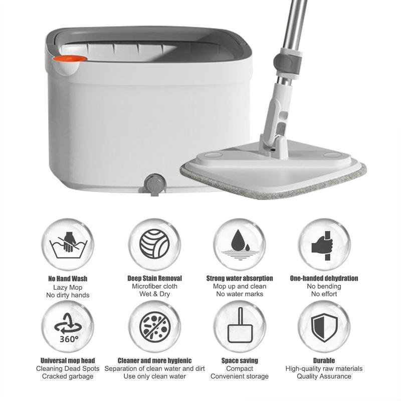 TikStar Spin Mop & Bucket Set with Self-Separating Dirty Water & Clean Water System, Self-Drying 360° Spin Square Mop Head for Hardwood Tile Marble Floors,Cleaning Mop after the party,adjustable hand tool