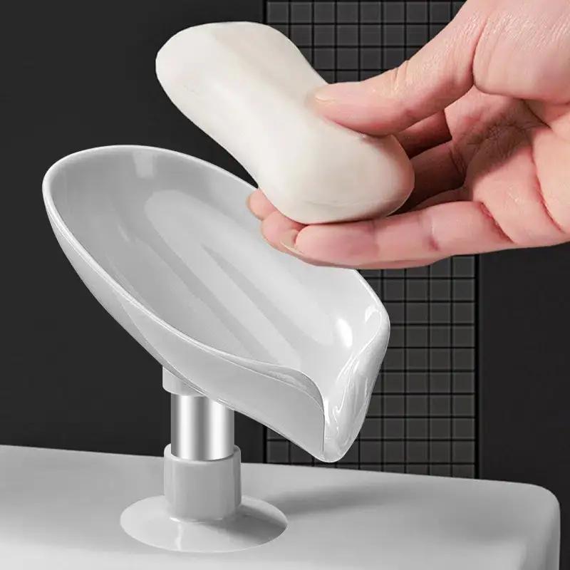 Solid Color Leaf Shaped Soap Dish, 1 Count Countertop Suction Cup Soap Drain Holder, Home Organizer For Bathroom Kitchen