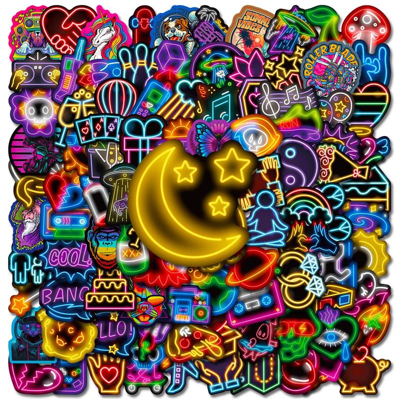 4 Sheets 100pcs Cartoon Neon Style Sticker, Glitter Self Adhesive Decor Paper, Decor Sticker for Gift Greeting Card Water Bottle Laptop Phone