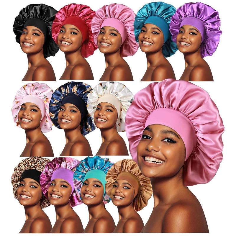 12 Count Large Satin Bonnets for Sleeping, Silky Hair Bonnet for Black Women Braid Curly Hair