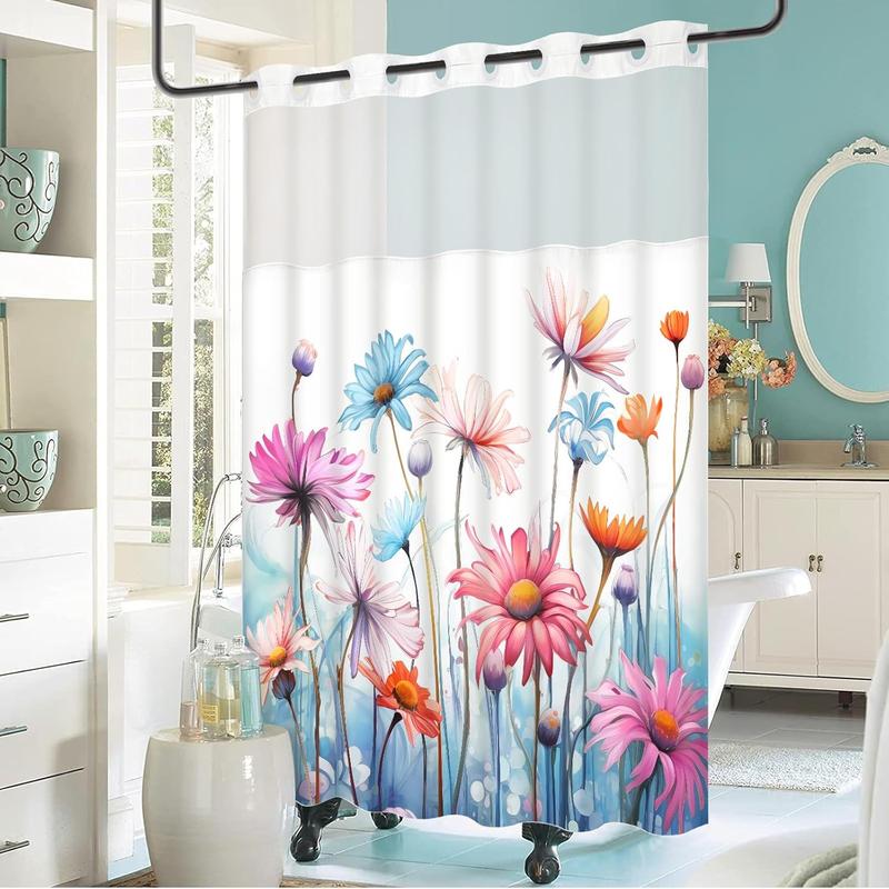 No Hook Shower Curtain with Snap in Liner, Floral Shower Curtain, See Through Shower Curtain with Window, Double Layer, Waterproof, Washable