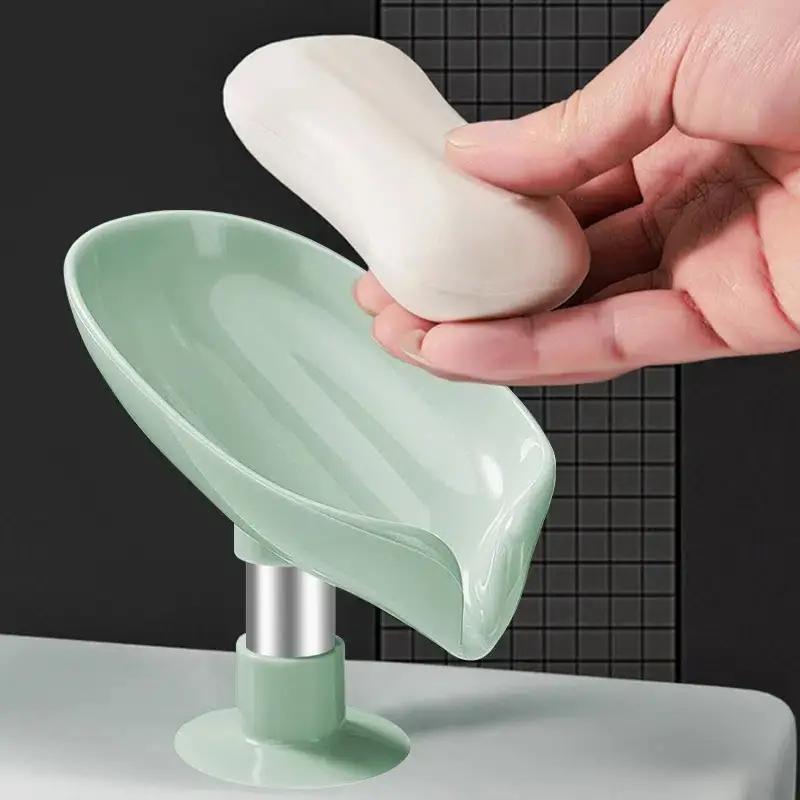 Solid Color Leaf Shaped Soap Dish, 1 Count Countertop Suction Cup Soap Drain Holder, Home Organizer For Bathroom Kitchen