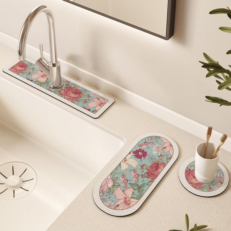 Rose Pattern Sink Mat, Non-slip Kitchen Sink Splash Proof Mat, Kitchen Sink Drip Mat, Bathroom Sink Mat, Countertop Drying Mat for Kitchen Bathroom