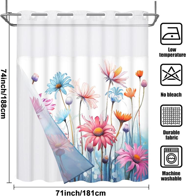 No Hook Shower Curtain with Snap in Liner, Floral Shower Curtain, See Through Shower Curtain with Window, Double Layer, Waterproof, Washable