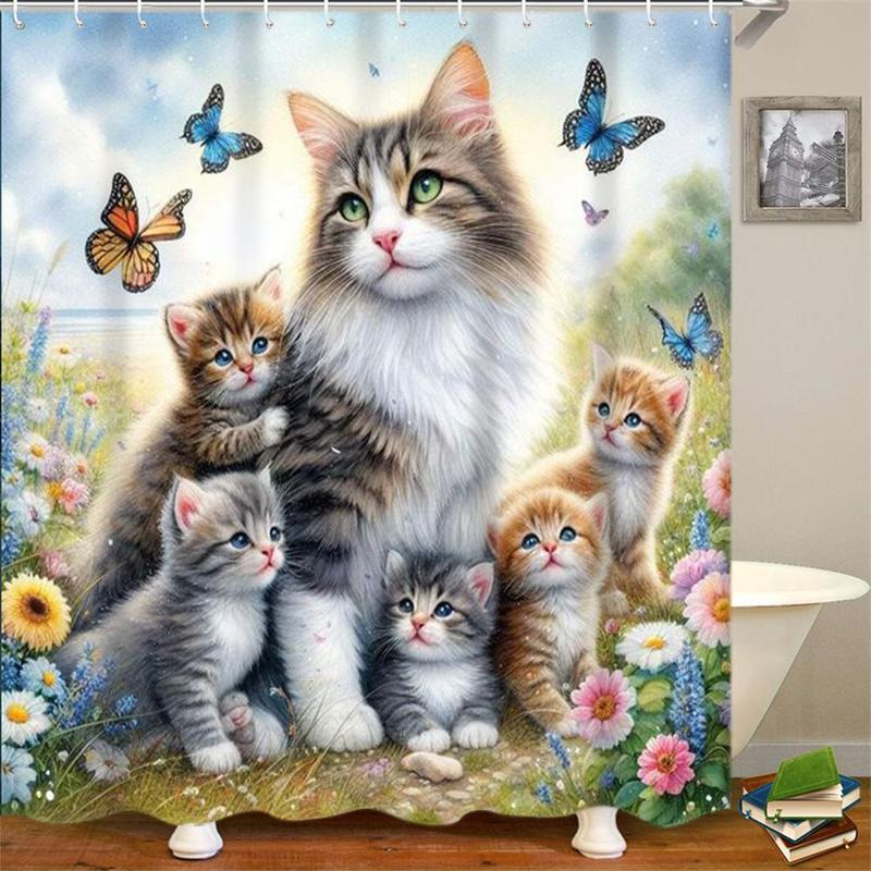 Cute Cat & Butterfly Pattern Bathroom Curtain, 1 Count Waterproof Bathroom Curtain with 12 Hooks, Bathroom Decor for Home Hotel Salon Dormitory