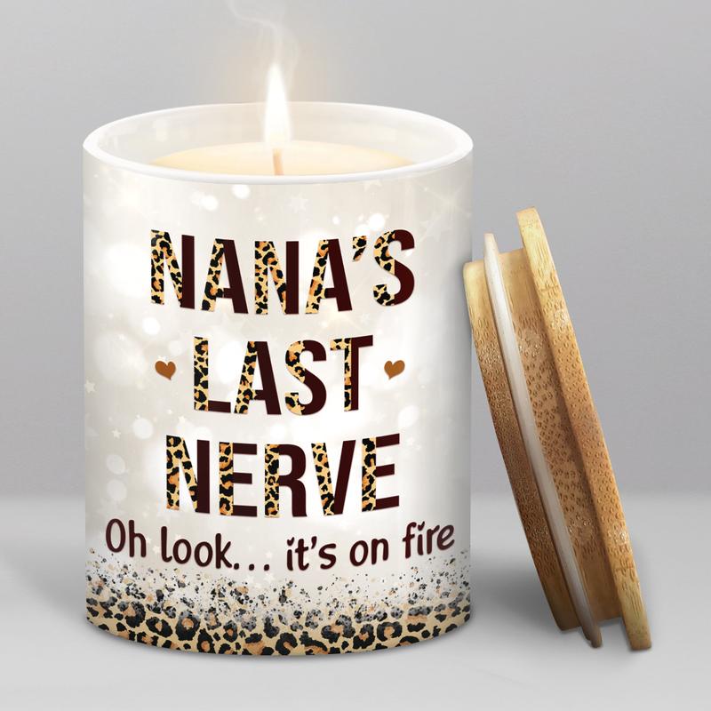 Ceramic Jar Scented Candle for Grandma - Nana's Last Nerve - Funny Candles Gifts for Grandmas Nana on Birthday Christmas Valentines - Gift from Granddaughter Grandson