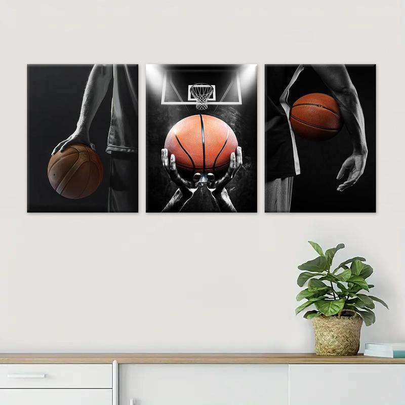 Basketball Themed Wooden Framed Canvas Painting, 3 Counts Modern Basketball Sports Wall Art, Wall Decor for Home Living Room Bedroom Office