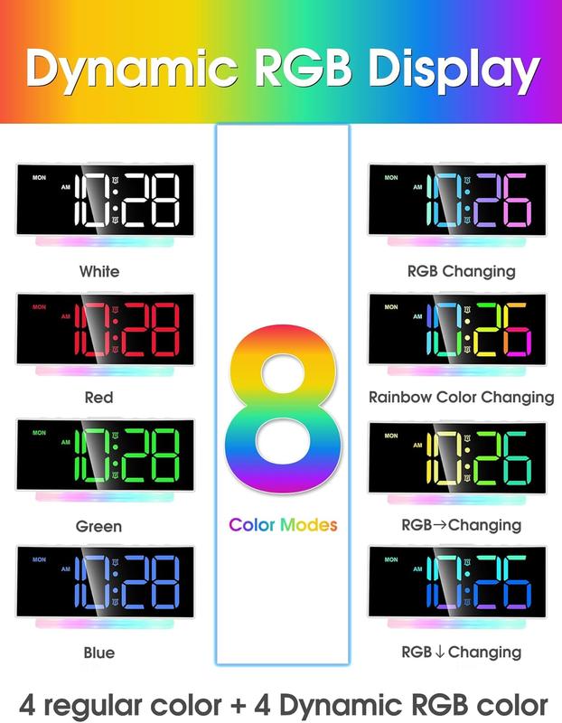 Extra Loud Alarm Clock for Heavy Sleepers Adults,Teens,,Rainbow Clock for Bedrooms,Small Bedside Digital Clock with Large Display,7 Color Night Light,12 24h(Black+Dynamic)