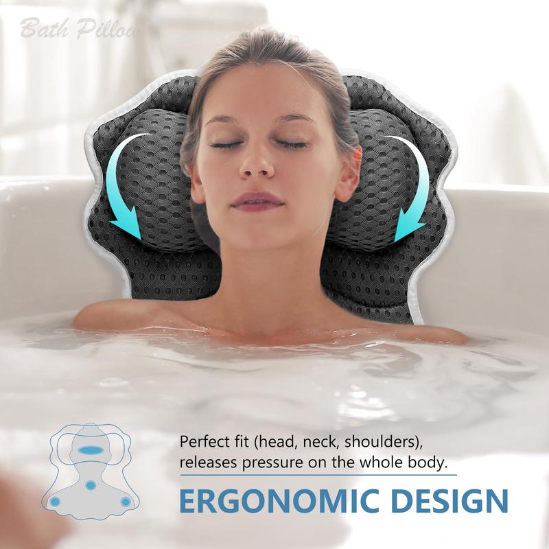 Tub Neck and Back Support Soft 4D Breathable Air Mesh Ergonomic Bathtub Pillow with 6 Strong Suction Cups and Hook Luxury Bathroom Accessories