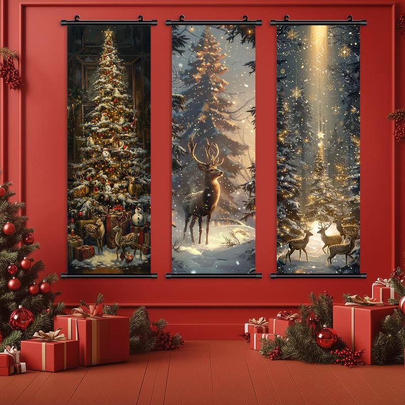 Christmas Themed Wall Banner, 3 Counts set Exquisite Christmas Tree & Deer Pattern Wall Decor, Wall Art for Home Living Room Bedroom Decor