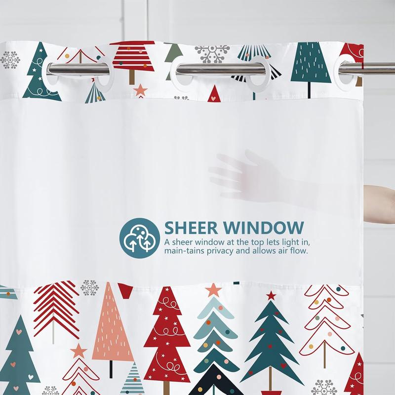 No Hook Christmas Shower Curtain, Winter Xmas Tree Snowflake Pattern  Year Holiday Home Bathroom Bathtubs Decor with Snap in Liner,  Polyester Fabric Bathroom Curtain 71X74inch