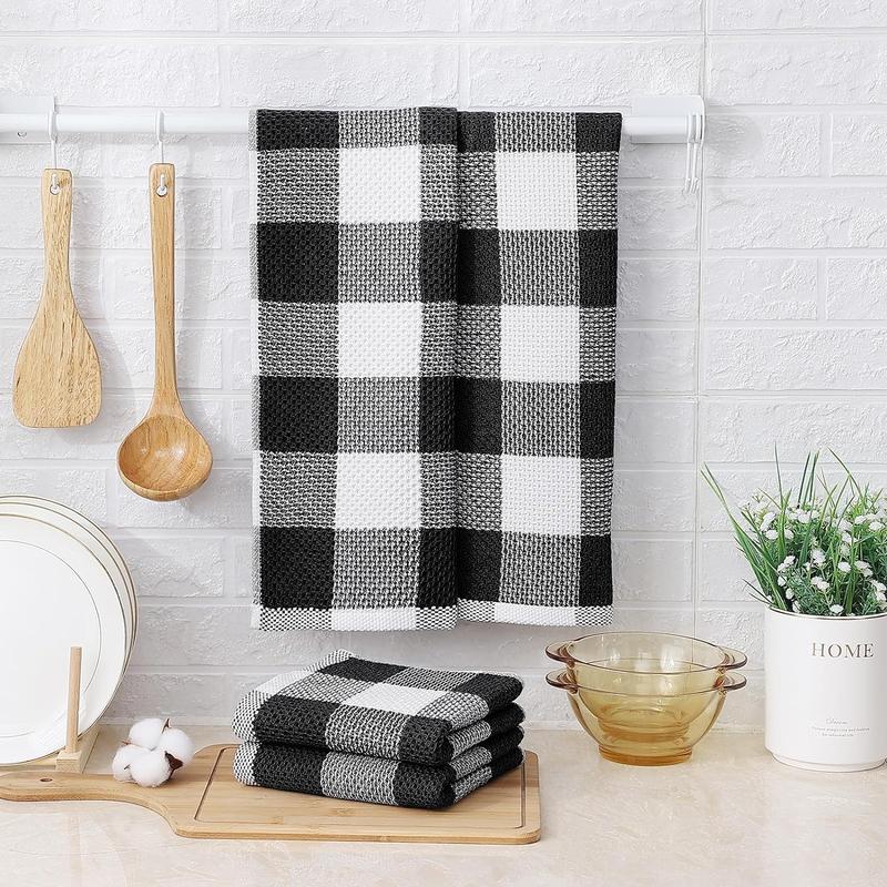 Cotton Waffle Weave Kitchen Towels, 13 x 28 Inches, Super Soft and Absorbent Buffalo Check Dish Towels for Drying Dishes, 4-Pack, Black & White Cleaning