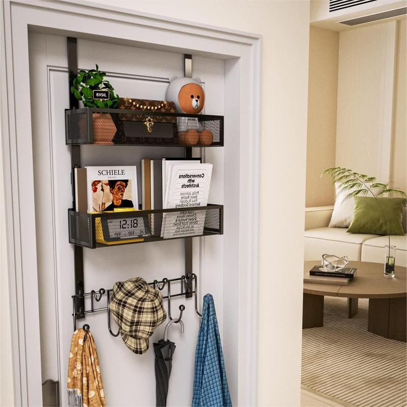 HapiRm 1or2 Shelves Over The Door Hooks Organizer,  Back of Door Storage Organizer for Bathroom, Bedroom-Black (for 1.76in Doors) Racks Hangable