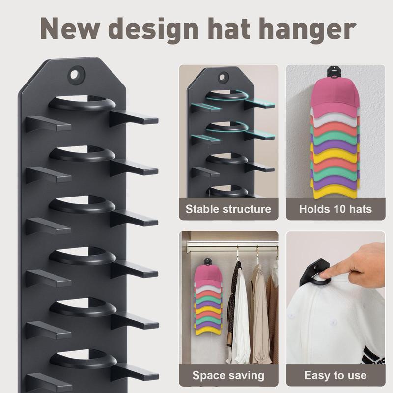 Wall Hat Rack – 10-Hat Adjustable Organizer with Adhesive or Drill-Mount, Space-Saving Storage for Door or Wall, Easy Installation