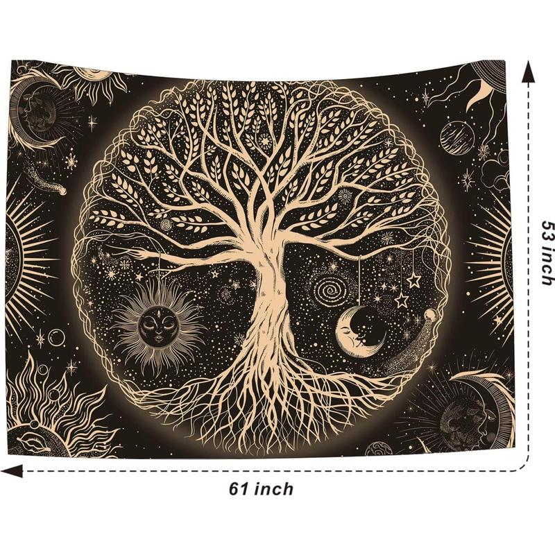 Tree of Life Tapestry Wall Hanging Sun Moon Stars Tapestries Aesthetic Galaxy Wall Tapestry Nature Home Decoration for Living Room Bedroom(36 x 48 Inch, Black and Gold)