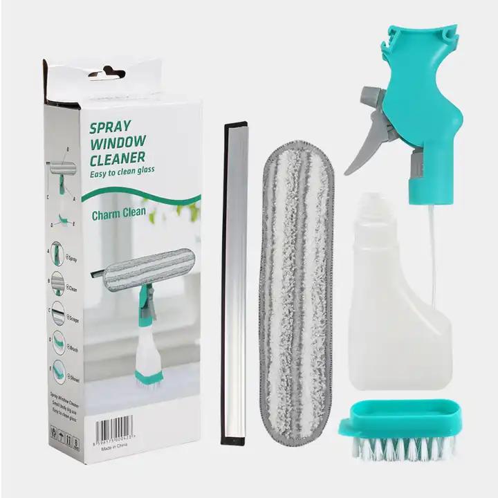 Multi-purpose 4-in-1 Glass Cleaning Brush for Windows and Mirrors with Spray, Scrub, Wipe & Scrub - Sponges