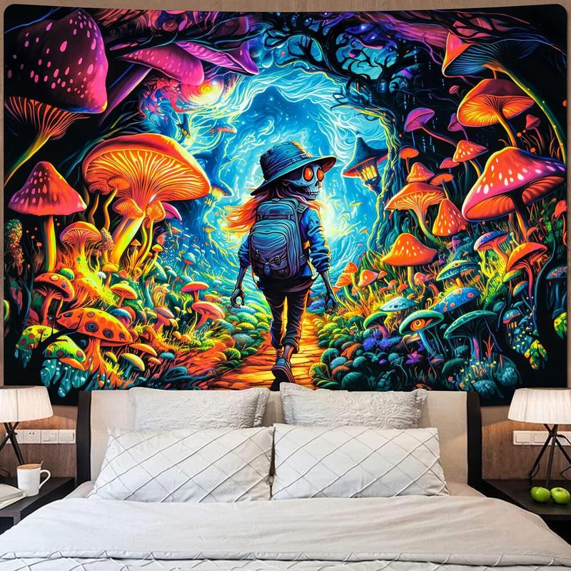 AtawLege Blacklight Mushroom Tapestry Hippie Skull Tapestries UV Reactive Forest Tapestry Cool Eyes Home Decor Aesthetic Cartoon Tapestry Wall Hanging for Teen Girls Bedroom