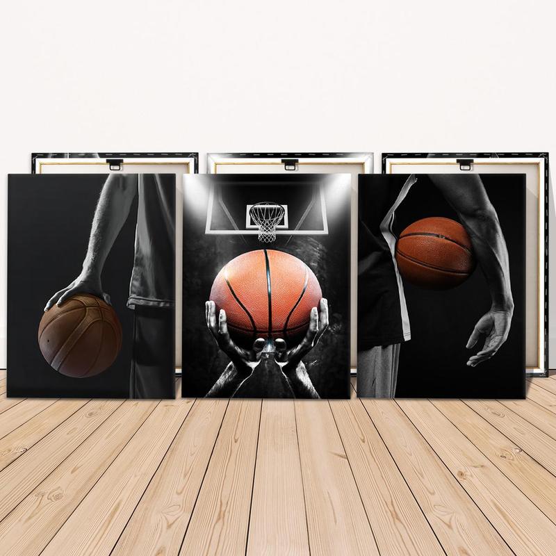 Basketball Themed Wooden Framed Canvas Painting, 3 Counts Modern Basketball Sports Wall Art, Wall Decor for Home Living Room Bedroom Office