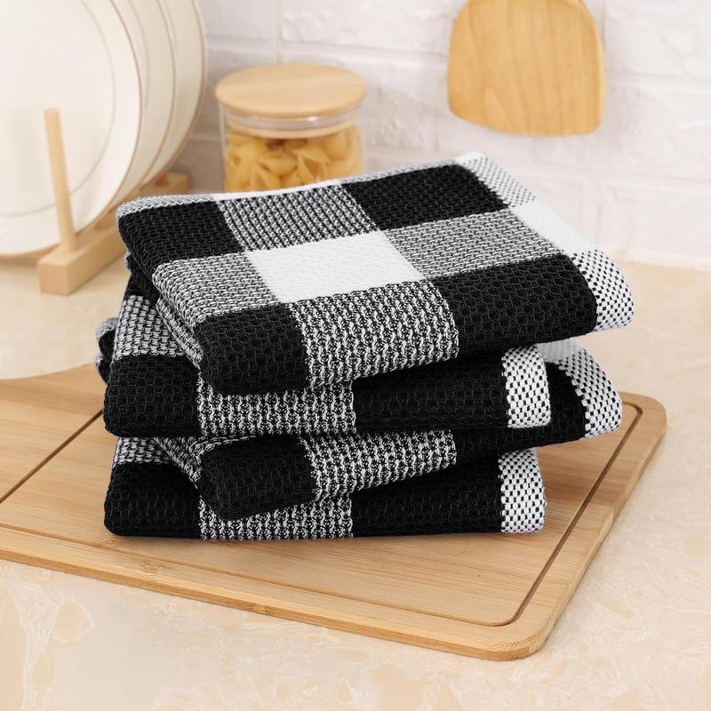 Cotton Waffle Weave Kitchen Towels, 13 x 28 Inches, Super Soft and Absorbent Buffalo Check Dish Towels for Drying Dishes, 4-Pack, Black & White Cleaning