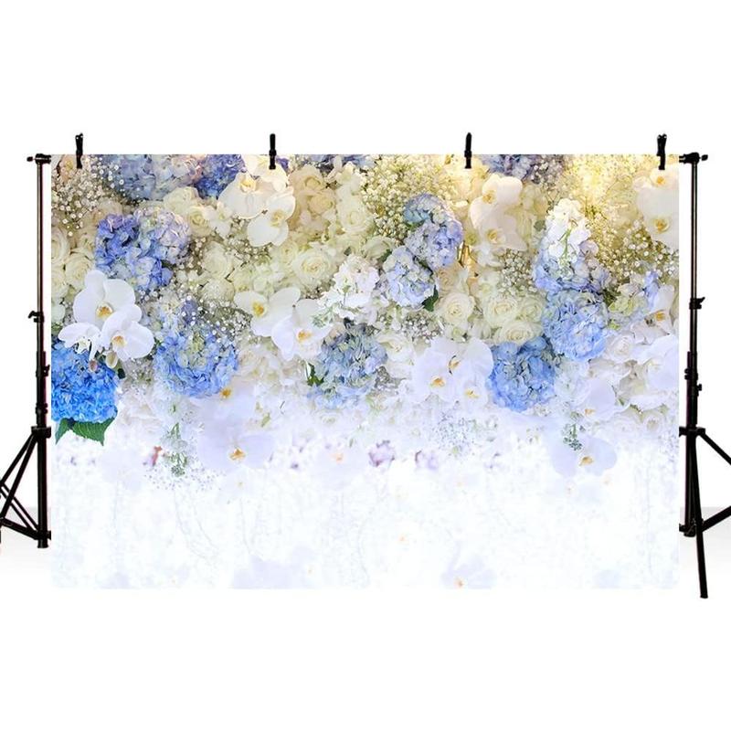 7x5ft Spring White Blue Flower  Glitter Photography Backdrop Rose Floral Wall Wedding Bridal Shower Background Ladies  Party Girls Portrait Lovers Annivery Photo Studio Props