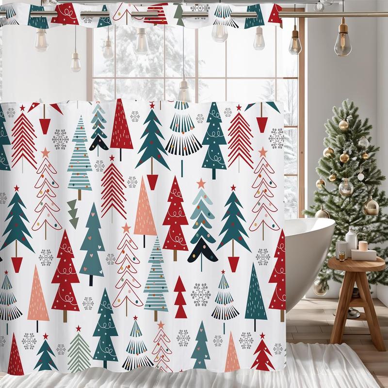 No Hook Christmas Shower Curtain, Winter Xmas Tree Snowflake Pattern  Year Holiday Home Bathroom Bathtubs Decor with Snap in Liner,  Polyester Fabric Bathroom Curtain 71X74inch